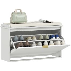 Banco zapatero estrecho con asiento acolchado, cajón abatible y panel de tablillas, blanco 80x26x47,5 cm