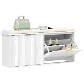 Banco zapatero estrecho con asiento acolchado, cajón abatible y panel de tablillas, blanco 104x26x47,5 cm