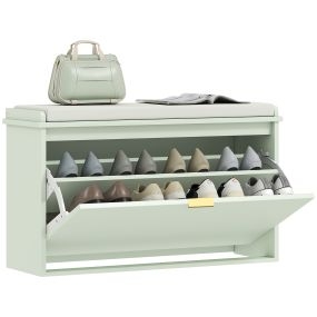 Banco Zapatero Estrecho, Banco Recibidor con Asiento Acolchado, Cajón Abatible y Estante Ajustable, para 8 Pares de Zapatos, para Entrada, Dormitorio, 80x26x47,5 cm, Verde Claro
