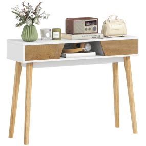 Mesa consola estrecha moderna con 2 cajones y patas de madera blanca para recibidor y salón