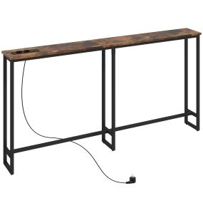 Mesa de Consola Estrecha 160 cm con Estación de Carga Consola de Recibidor Mesa de Sofá Marco de Acero Estilo Industrial para Pasillo Entrada Salón Dormitorio Marrón Rústico