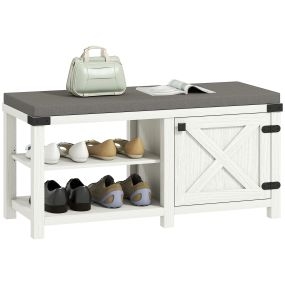 Banco zapatero rústico con asiento y compartimentos para 7 pares 100x40x48 cm blanco grisáceo y gris