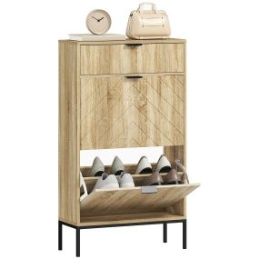 Zapatero estrecho con 2 puertas, cajón y estantes ajustables, roble, 60x24x105,5 cm