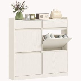 Zapatero estrecho blanco con 4 puertas abatibles y 2 cajones para 8 pares 98x19,2x95,3 cm