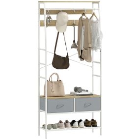 Perchero zapatero de entrada con 8 ganchos, 2 cajones, barra y estante de malla 80x30x180,5 cm natural