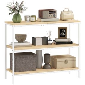 Mesa consola estrecha 101x35x80 cm natural y blanco con 3 estantes y patas de metal