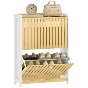 Zapatero estrecho de bambú con 2 puertas y estantes ajustables para 12 pares 60x24x82,5 cm blanco y natural