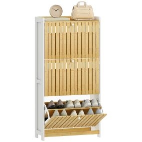 Zapatero estrecho de bambú con 3 puertas y estantes ajustables 60x24x118 cm blanco y natural