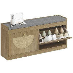 Banco zapatero bohemio con asiento acolchado, puertas de ratán, estante ajustable, 105x35x47 cm natural