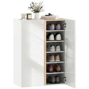 Zapatero de 6 niveles con 2 puertas blanco brillo, cierre suave, estantes ajustables, 70x33,5x95 cm