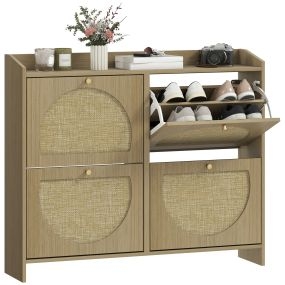 Zapatero estrecho de ratán con 4 puertas, estantes ajustables, 16 pares, 104,5x24x88 cm, natural