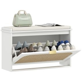 Banco Zapatero Boho, Banco Recibidor Estrecho con Asiento Acolchado, Puerta de Ratán, Cajón Abatible, Estante Ajustable, para 8 Pares de Zapatos, para Entrada, Dormitorio, 80x26x47,5 cm, Blanco