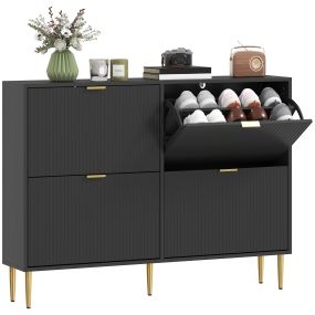 Zapatero Estrecho con 4 Puertas Acanaladas Zapatero Entrada Recibidor con Estantes Ajustables para 20 Pares Estilo Moderno Patas de Acero para Salón Dormitorio 105x24x91,5 cm Negro