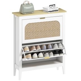 Zapatero estrecho de ratán con 2 puertas y estantes ajustables, blanco, 80x24x95,5 cm