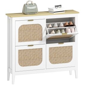 Zapatero estrecho de ratán con 4 puertas y estantes ajustables para 20 pares, 105x24x95,5 cm blanco