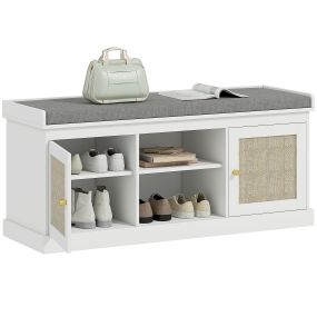 Banco zapatero bohemio con asiento acolchado, puertas de ratán, estante ajustable, blanco 105x35x47 cm