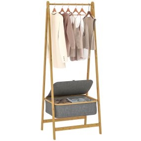 Burro de ropa de bambú con cesta de tela y tapa, plegable, 60x44,5x157,5 cm, natural y gris