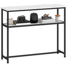 Mesa consola moderna 100 cm efecto mármol con estante abierto y marco de metal blanco
