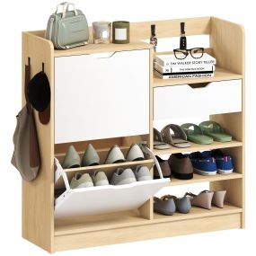 Zapatero estrecho con 2 puertas, cajón, estantes ajustables y 4 ganchos, 93x30x90 cm, natural y blanco