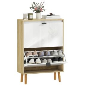 Zapatero estrecho blanco brillo con 2 puertas, estantes ajustables y patas de madera, 60x24x91 cm