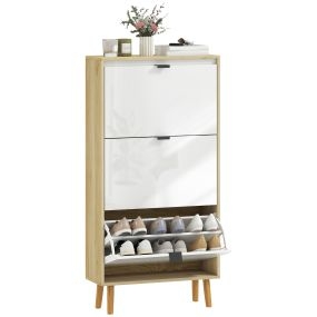 Zapatero estrecho blanco brillo con 3 puertas, estantes ajustables y patas de madera, 60x24x127 cm
