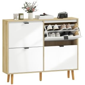 Zapatero estrecho blanco brillo con 4 puertas, estantes ajustables y patas de madera, 105x24x92,5 cm