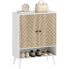 Zapatero de 2 puertas con diseño en espiga, estantes ajustables, 15 pares, 75x35x97 cm, blanco y natural