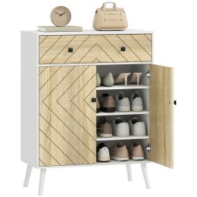 Zapatero de 2 puertas en espiga con estantes ajustables y cajón, 75x35x97 cm, blanco y natural