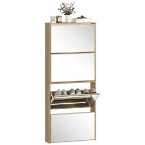 Zapatero estrecho 4 puertas con espejo 63x17x146 cm natural para 12 pares de zapatos