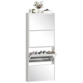 Zapatero Estrecho 4 Puertas con Espejo, Zapatero Entrada Recibidor, para 12 Pares de Zapatos, para Pasillo, Espacios Reducidos, 63x17x146 cm, Blanco