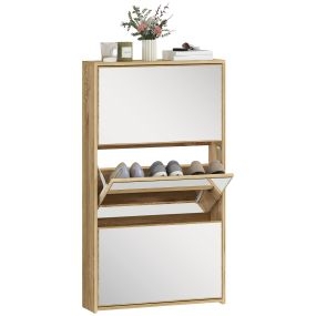 Zapatero estrecho 3 puertas con espejo para 9 pares 65x17x114,5 cm natural
