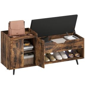 Banco zapatero industrial con asiento acolchado, compartimento oculto, estantes y puertas, 127x35x59 cm, marrón rústico