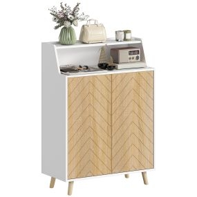 Zapatero de 2 Puertas en Espiga, Zapatero Entrada Recibidor con Estantes Ajustables, Compartimento Abierto y Patas de Madera, para 15 Pares de Zapatos, 75x35x104 cm, Blanco y Natural