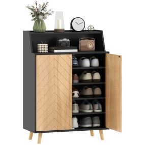 Zapatero de 2 puertas en espiga con estantes ajustables, compartimento abierto y patas de madera, 75x35x104 cm, negro y natural