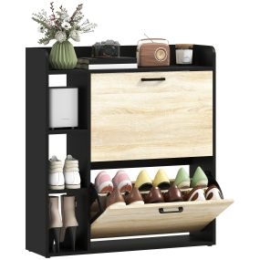 Zapatero estrecho 2 puertas con 3 estantes laterales y ajustables 83x24x90,5 cm natural y negro
