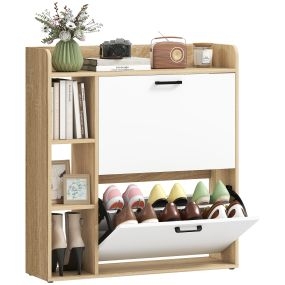 Zapatero Estrecho 2 Puertas, Zapatero Entrada Recibidor con 3 Estantes Laterales y Estantes Ajustables, para 15 Pares de Zapatos, para Pasillo, Espacio Reducido, 83x24x90,5 cm, Natural y Blanco