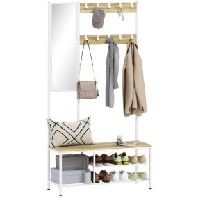 Perchero zapatero con espejo 4 en 1, 3 estantes, banco, 10 ganchos, madera natural, 98x34x186 cm