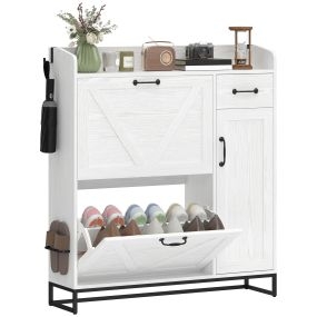 Zapatero estrecho blanco con 2 cajones abatibles y estantes ajustables 106,7x26x116 cm