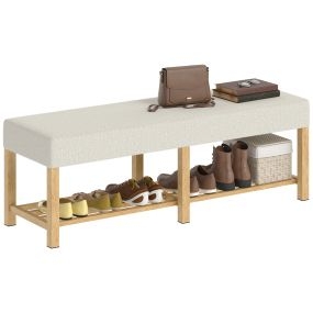 Banco zapatero recibidor moderno con asiento acolchado para 2 personas, estante abierto, madera natural y crema, 140x44x48 cm