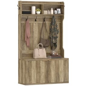 Perchero zapatero recibidor con 2 puertas, estantes abiertos, 6 ganchos, 100x38x172 cm, roble