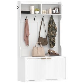 Perchero zapatero de recibidor con 2 puertas, estantes abiertos y 6 ganchos, blanco, 100x38x172 cm