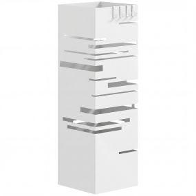 Paragüero metálico blanco con 4 ganchos y bandeja extraíble 15,5x15,5x49 cm