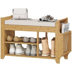 Banco Zapatero, Banco Recibidor con Asiento Acolchado, Almacenamiento Lateral, Estante para Botas, Marco de Bambú, para Entrada, Pasillo, Salón, 80x30x50 cm, Natural y Beige