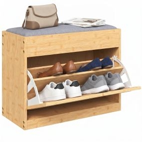 Banco Zapatero, Banco Recibidor con Asiento Acolchado, Cajón Abatible, Puerta de Ratán, Estante Ajustable, para Entrada, Pasillo, Salón, 63x29x48 cm, Natural y Gris