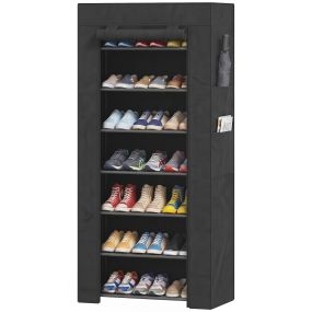 Zapatero estrecho de acero con funda de tela no tejida, 7 niveles, negro