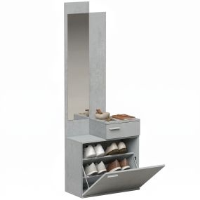 Recibidor de entrada con espejo y zapatero abatible, 2 piezas, asiento y cajón, 61x30x170 cm, gris