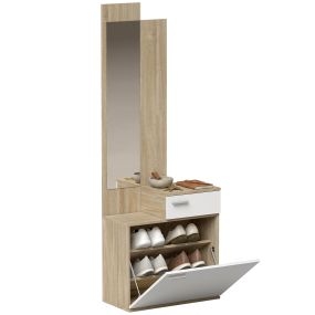Recibidor de entrada con espejo y zapatero abatible, 2 piezas, asiento y cajón, 61x30x170 cm, blanco