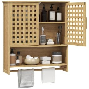 Armario de baño de pared de bambú con 2 puertas de celosía, estante abierto y ajustable, natural