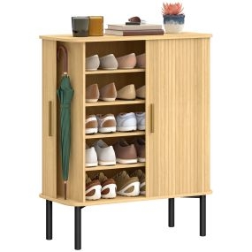 Zapatero de 5 Niveles con Puertas Correderas de Lamas, Mueble Zapatero con 4 Estantes Ajustables, 2 Compartimentos Laterales y Patas de Acero, para 15 Pares de Zapatos, 78x38x95,2 cm, Roble
