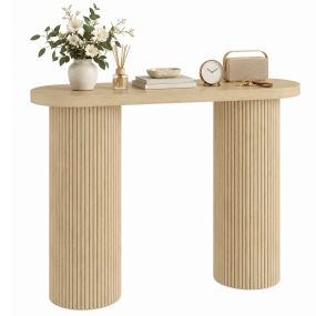 Mesa Consola Moderna con Almacenamiento Oculto, 103 cm, Mesa de Recibidor Estrecha con Patas de Columnas, Diseño Acanalado, para Salón, Pasillo, Entrada, Roble